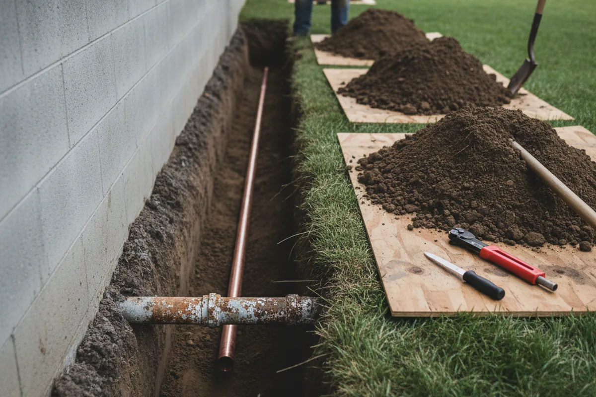 Excavated water line trench during Sewer Line Repair in Warsaw